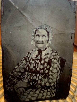 Antique Tintype Photo 1800s Very Old Woman Victorian Dress Civil War Era