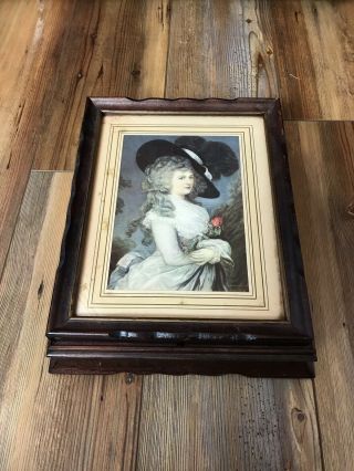 Antique Victorian Wooden Jewelry Box Illustration Woman Portrait With Mirror