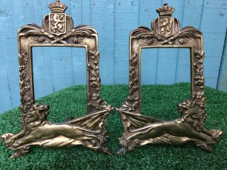 Pair: 19thc Gothic & Heraldic Gilt Bronze Frames With Lion Figures C1880s