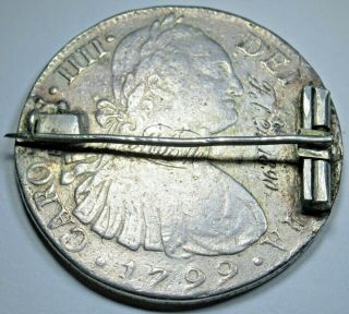 1890 Feb 24th Engraved Over 1799 Spanish Silver 8 Reales Old Brooch Pin Antique