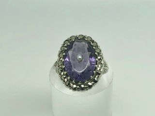 Antique Art Deco Sterling Silver Amethyst,  Pearl,  Marcasite Cocktail Ring Size N