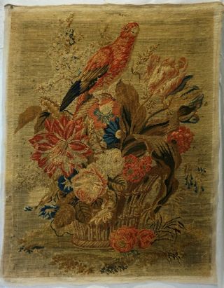 LARGE MID 19TH CENTURY NEEDLEPOINT OF A PARROT ON A BASKET OF FLOWERS - c.  1860 2