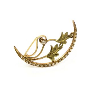 Nyjewel Estate Antique 10k Gold Seed Pearl Crescent Leaf Pin Brooch 29 X 15mm