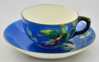 Royal Worcester Antique Cup & Saucer Raised Flowers Cerulean Blue Ground C.  1875