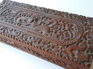 Antique 19th C Deeply Carved Indian Hindu Wooden Box Animals Elephants
