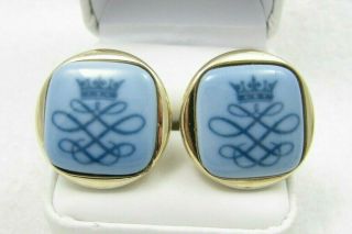 Vintage Denmark Royal Copenhagen Blue Porcelain Crown Mens Cufflinks