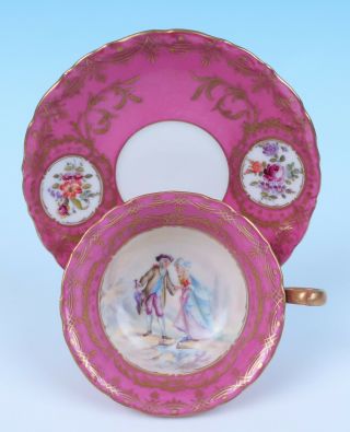Antique Saxe Dresden Hand Painted Courting Couple Fragonard Love Cup Saucer Pink