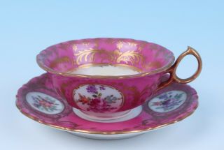 Antique Saxe Dresden Hand Painted Courting Couple Fragonard Love Cup Saucer Pink 2