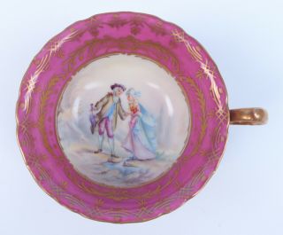 Antique Saxe Dresden Hand Painted Courting Couple Fragonard Love Cup Saucer Pink 3