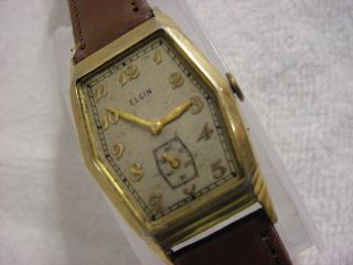 Vintage GOLD FD large antique Art Deco ELGIN HEXAGON CURVEX mens watch 2