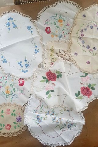 7 GORGEOUS Vintage Hand Embroidered Doilies & Table Centre Runner Craft 2