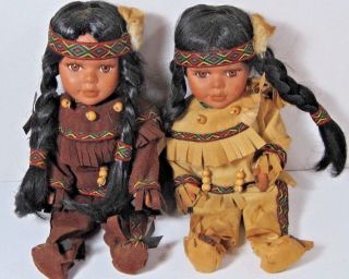 2 Porcelain Cloth Old Native American Indian Girl Theme Dolls Braided Hair Beads