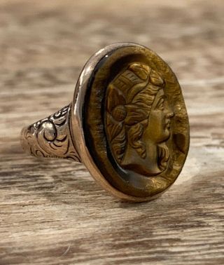 Antique Victorian Yellow Gold Tiger’s Eye Carved Cameo Ring Size 5.  25