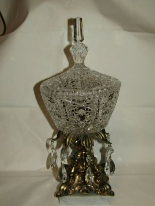 Vintage Crystal Candy Dish Compote W Lid Brass Footed Marble Base