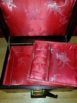 Vintage Chinese Wood Brass Jade Inlay Jewelry Box with Lock Shanghai China 3