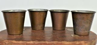 Htf Antique Set 4 Unseamed 19th C Hand Spun Tin Lined Copper Cups Rolled Rims
