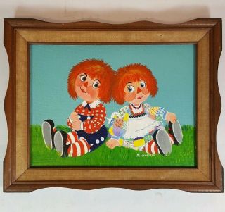 Vintage Hand Painted Raggedy Ann And Andy Dolls Oil Painting On Canvas Framed