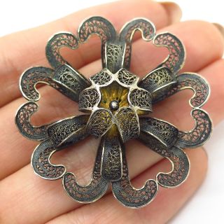 Antique Portugal 925 Sterling Silver Filigree Floral Pin Brooch