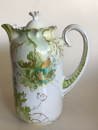 Antique Hand Painted Coffee Tea Chocolate Pot,  Green,  Gold Floral