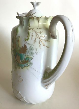 Antique Hand Painted Coffee Tea Chocolate Pot,  Green,  Gold Floral 2