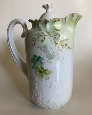 Antique Hand Painted Coffee Tea Chocolate Pot,  Green,  Gold Floral 5