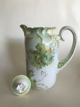 Antique Hand Painted Coffee Tea Chocolate Pot,  Green,  Gold Floral 7