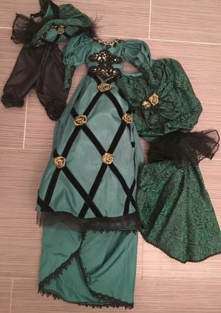Victorian Doll Dress Gown Green & Black Paisley W/bonnet Pantaloons Slip 22 "