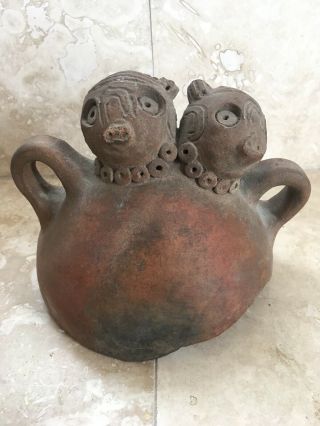 Pre - Columbian Clay Vessel With 2 Monkey Heads.  Zoomorphic Effigies.