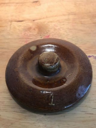 Early Vintage Stoneware Jug Brown Glaze Lid Only Marked " 1 " 3,  1/2 " In Diameter