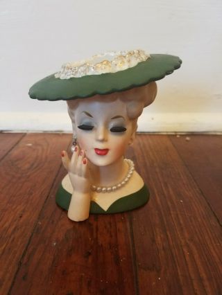 Vintage 1958 Napco Lady Head Vase C3343 Blonde Green Hat & Dress With Jewelry