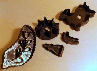 5 Antique Vtg Pa Dutch Handmade Tin Cookie Cutters Running Rabbit 2 Mini Etc.