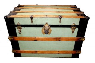 Antique Canvas Covered Green Flat Top Trunk,  C.  1890