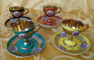 Antique Royal Vienna Demitasse Footed Cups & Saucers 4 Color Set Marked 1620