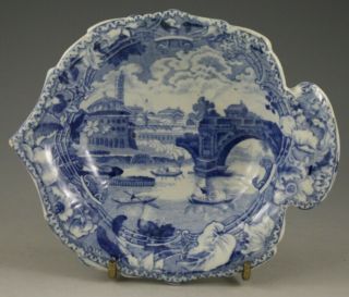 Antique Pottery Pearlware Blue Transfer Ponte Rotto Pattern Pickle Dish 1825