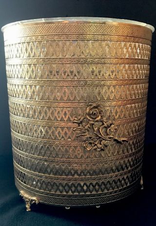 Vintage Ornate Gold Filigree Metal Trash Can Wastebasket W/ Plastic Liner Roses