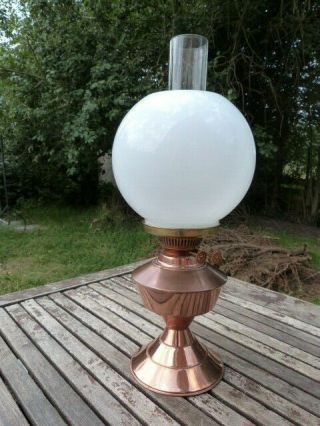 Lovely Vintage Copper Brass & White Glass Globe Oil Lamp.