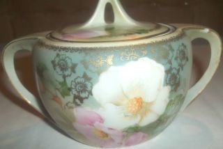 Antique Rs Prussia Double Handle Sugar Bowl Lid Gold,  Green White Pink Flower