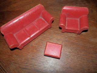 Vintage Dollhouse Living Room Furniture,  Couch,  Chair,  2 Tables,  Solid Wood