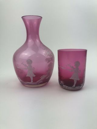 Vintage Mary Gregory Pink Red Hand Painted Carafe And Cup Set