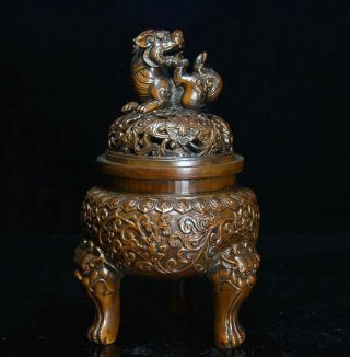 Aaa Collectable Antique Boxwood Hand Carve Flower Vine & Myth Kylin Noble Censer