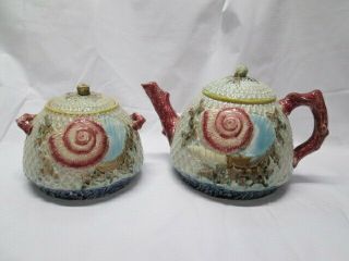 Antique Majolica Fielding Seashell Shell Teapot Lidded Covered Sugar Bowl 1800 