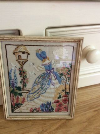 Vintage Stunning Hand Embroidered Picture Crinoline Lady And Garden