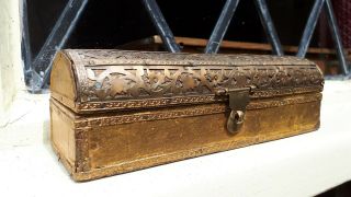 Small Vintage Gold Coloured Wooden Box With Metal Detailing
