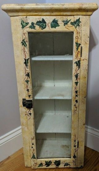 Antique Stencilled Barnwood 4 - Shelf Cabinet With Glass Door W/ Vintage Hardware