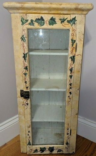 Antique stencilled barnwood 4 - shelf cabinet with glass door w/ vintage hardware 5