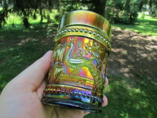 Northwood Peacock At The Fountain Antique Carnival Art Glass Tumbler Rare Green