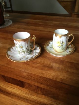 Antique Limoges Demitasse Cup & Saucer Set Of Two Gold Handpainted