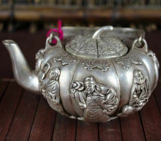 Vintage Oriental Chinese Tibetan Silver Handwork Carved Pumpkin Teapot