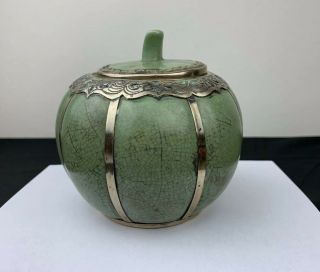 Japanese Or Chinese Porcelain Pumpkin Shapes Jar With Metal Work