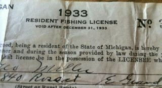 1933 State Of Michigan Resident Fishing License